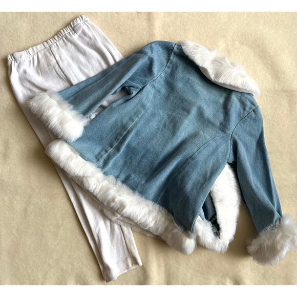 Vintage 90s Joy Kid Leggings Jacket & Hat Set Girls 6 Blue White Faux Fur Trim - Picture 2 of 5